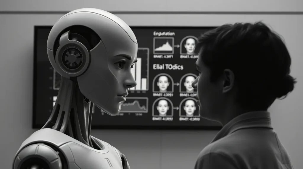 A humanoid AI analyzing emotional expressions while interacting with a human.