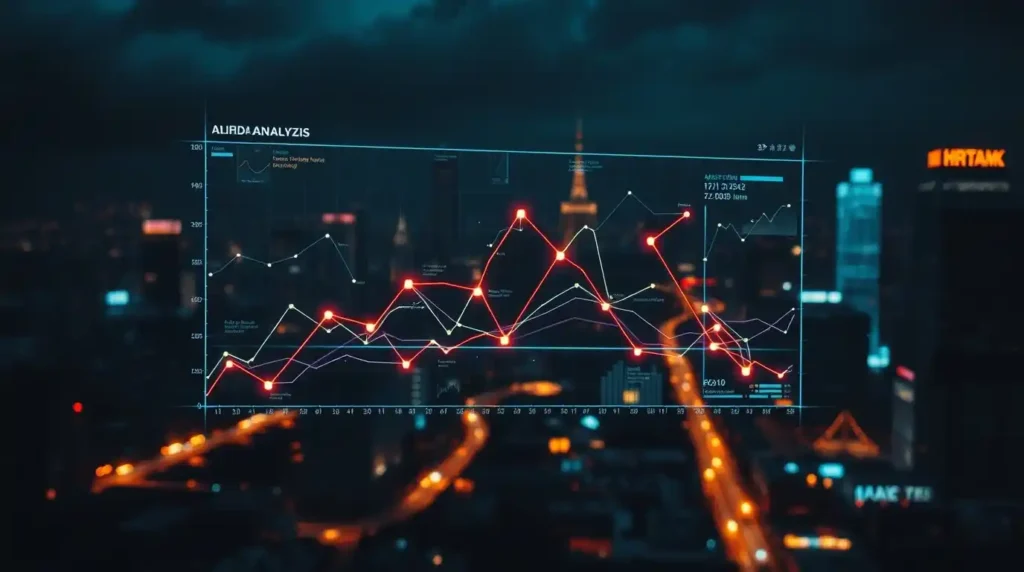 A digital interface displaying AI analyzing data, showcasing glowing data points and connections against a modern city backdrop.