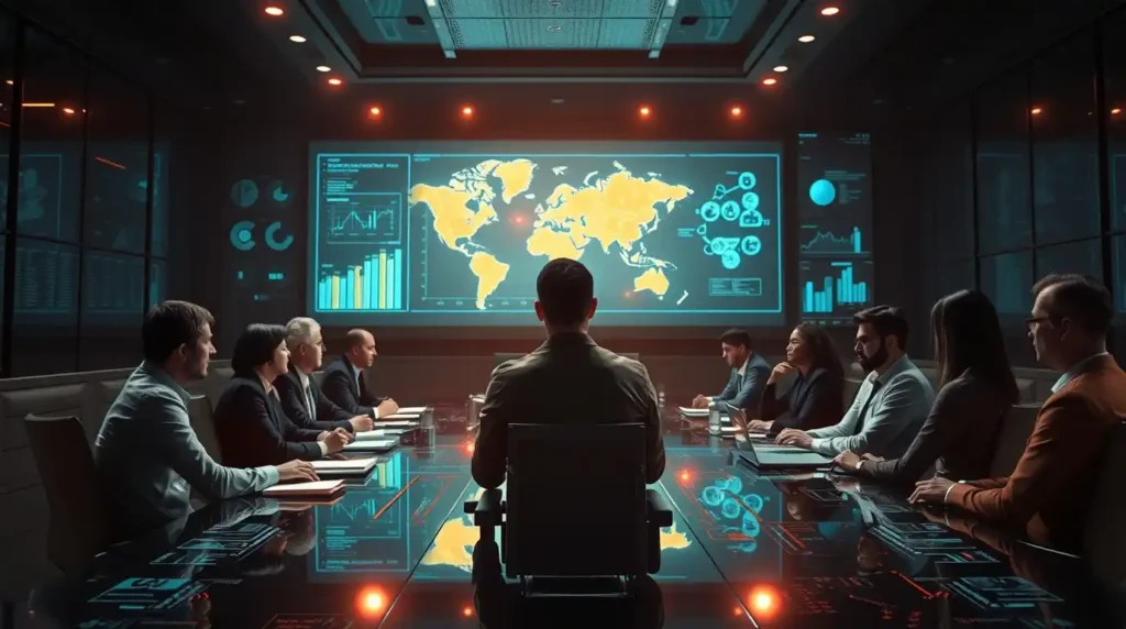 A group of business professionals discussing strategies with AI-driven charts and graphs in the background.