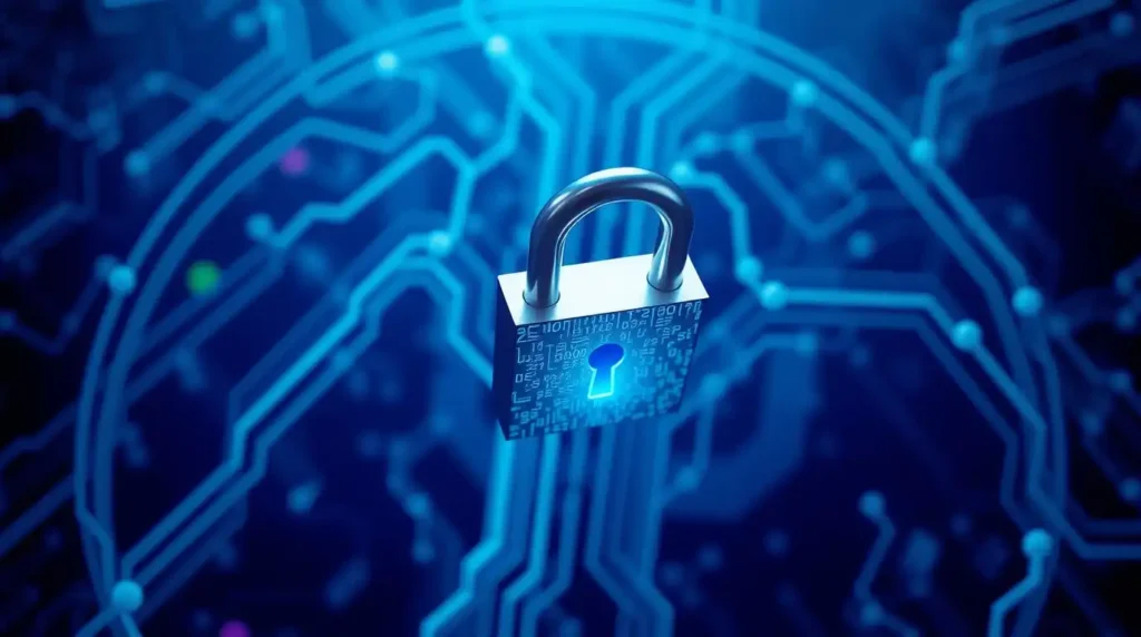 A symbolic representation of AI and a secure padlock, highlighting data privacy and ethical considerations.