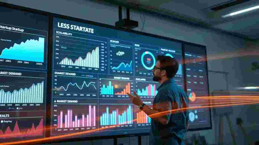 Entrepreneur presenting growth charts and graphs, symbolizing business model evaluation.