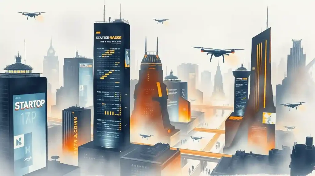 A futuristic city with advanced tech infrastructure representing the growth of startups in the next decade.