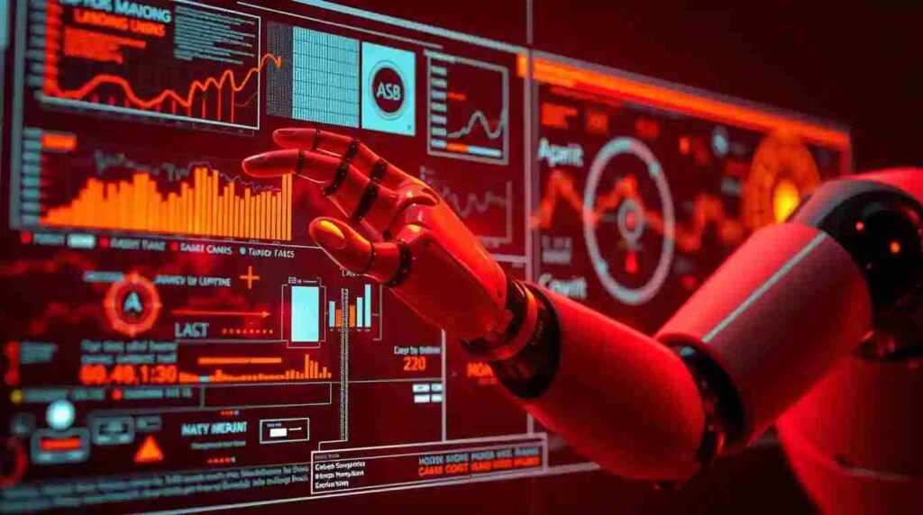 A robotic arm working with holographic AI data, symbolizing tech startups in artificial intelligence and machine learning.