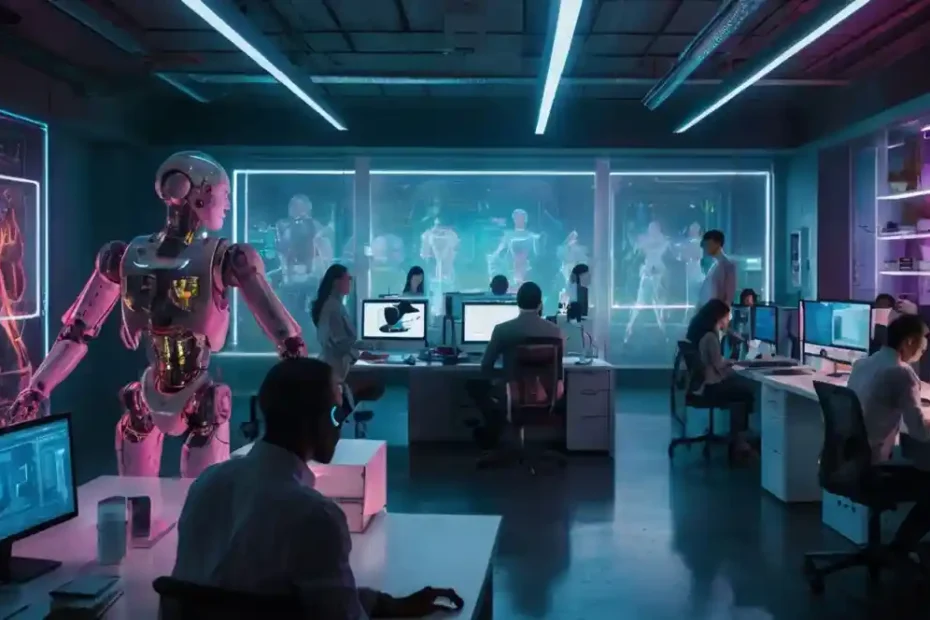 A futuristic office with humanoid robots and humans working together, representing the collaboration of AI and humans in tech jobs.