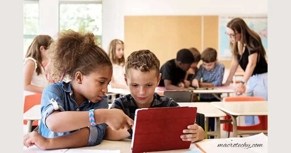 An image of students attending an online class or accessing educational content on a tablet.